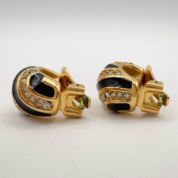 Christian Dior Gold Tone Half Hoop Clip-On Earrings Black Enamel Clear Stones - Picture 11 of 13